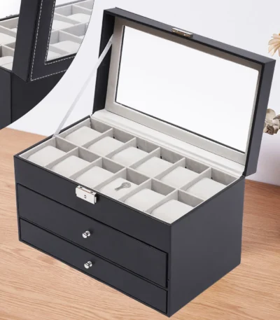3 Layer Leather Watch Box with Glass Window for 12 Watch Eyeglasses&Sunglasses Jewelry Display Drawer Case Organizer Black 1