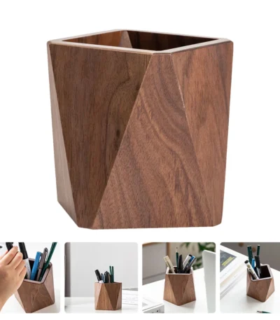 Pen Holder Wooden Container Desk Solid Tabletop Stationery Finishing Storage Office 1