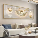 Chinese Style Golden Leaves Deer Canvas Painting Feathers Wall Art Feng Shui Mountain Posters and Prints Living Room No Frame