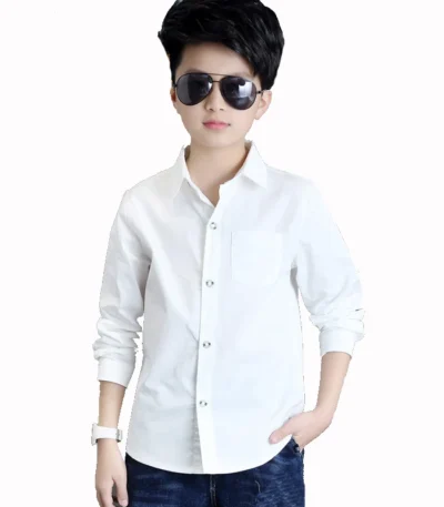 Kids Clothing Spring 2021 Long Sleeve Boys Shirts Fashion Cotton Solid White Shirt Children Turn-down Collar Button Tops 8 12y 1