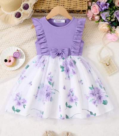 2025 New Design Girl's Birthday Tutu Dress Purple Mesh Sleeveless Floral Outfits Children Princess Dresses 1