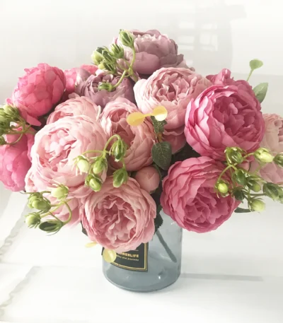 30cm Rose Pink Silk Peony Artificial Flowers Bouquet 5 Big Head and 4 Bud Cheap Fake Flowers for Home Wedding Decoration indoor 1
