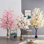 Artificial Cherry Blossom Tree for Home Decoration, Bonsai Floor Leaves, Fake Plant Pots for Indoor and Office