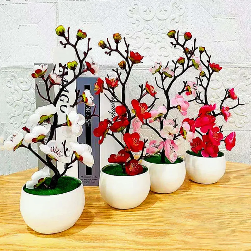 Bonsai Silk Flowers Plum Blossoms Artificial Plant Fake Flowers Pot Flores Sakura Tree Branches Home Room Decoration 1