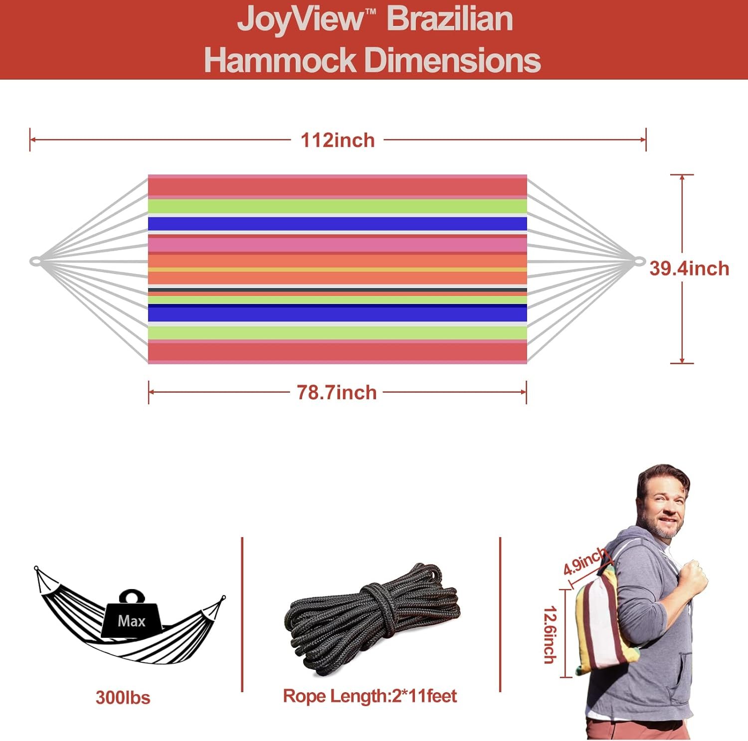 1749476430 joyview brazilian hammock for single person portable cotton hammock with hanging ropes carry bag 78.8x39.4 300lbs capacity perfect for outdoorindoor color stripes.jpg