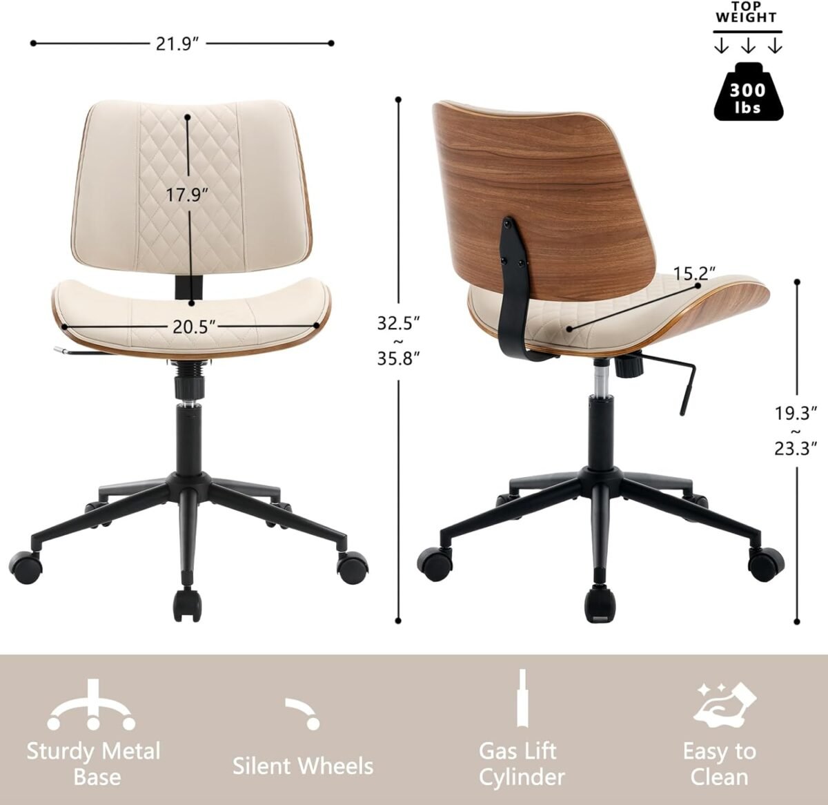 1749547397 home office chair no arms with wheels adjustable height small desk chair pu leather mid back 360 swivel computer chair armless modern walnut chair for office reading meeting roombeige.jpg