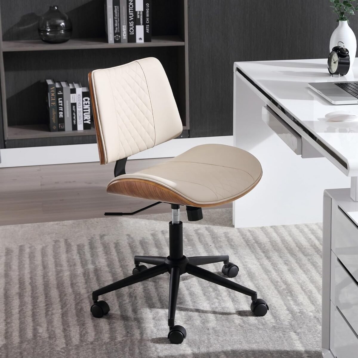 1749547399 home office chair no arms with wheels adjustable height small desk chair pu leather mid back 360 swivel computer chair armless modern walnut chair for office reading meeting roombeige.jpg