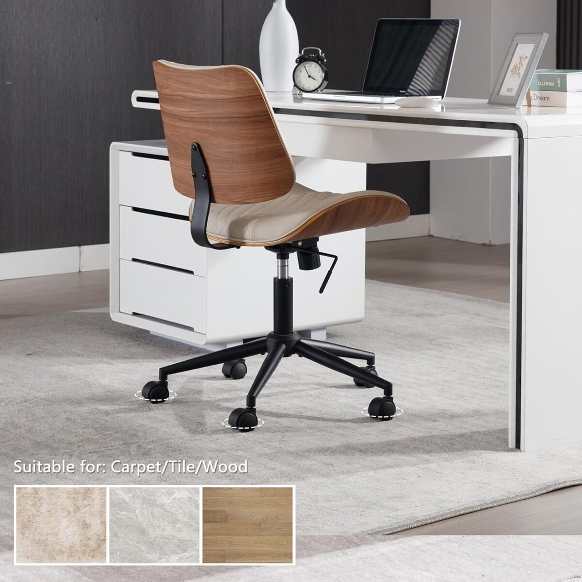 1749547404 home office chair no arms with wheels adjustable height small desk chair pu leather mid back 360 swivel computer chair armless modern walnut chair for office reading meeting roombeige.jpg