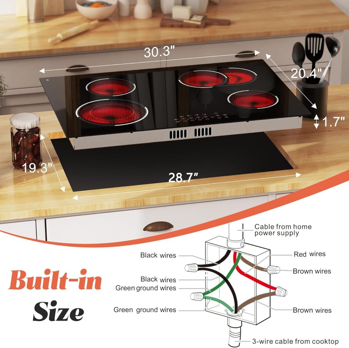 1749578385 4 burner electric cooktop built in 30 inch electric stove top 6600w ceramic stove top with expanded zone touch control child lock timer pause control 220v 240v hard wire no plug.jpg