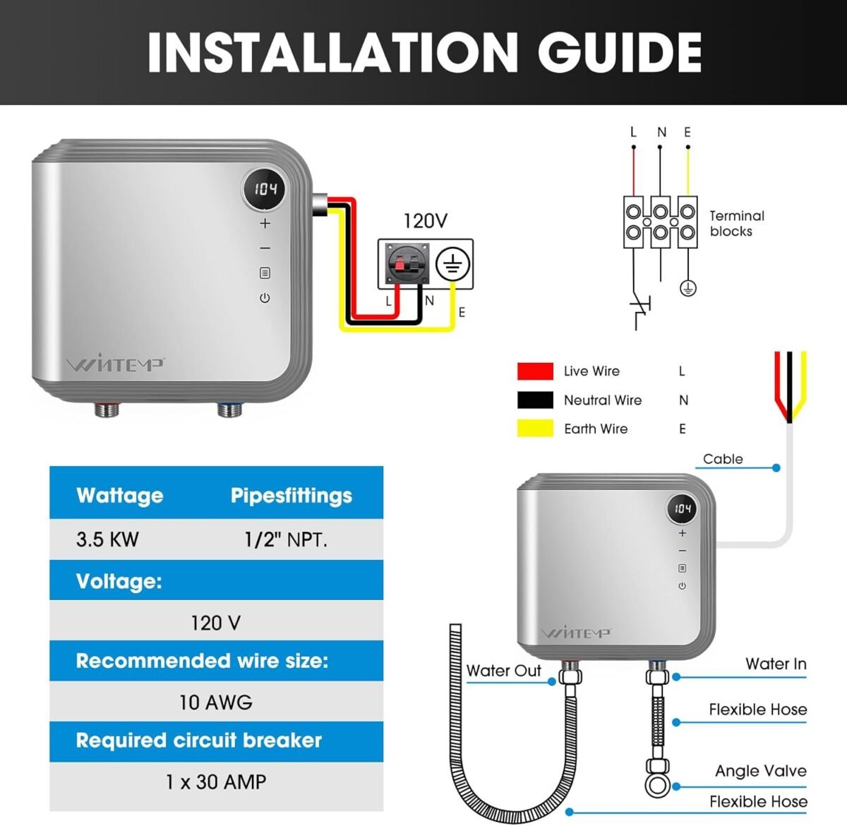1749625875 tankless water heater electric 3.5kw 110120v designed to provide hot water on demand without the need for a storage tank use a self adjusting rotatable digital display silver etl.jpg