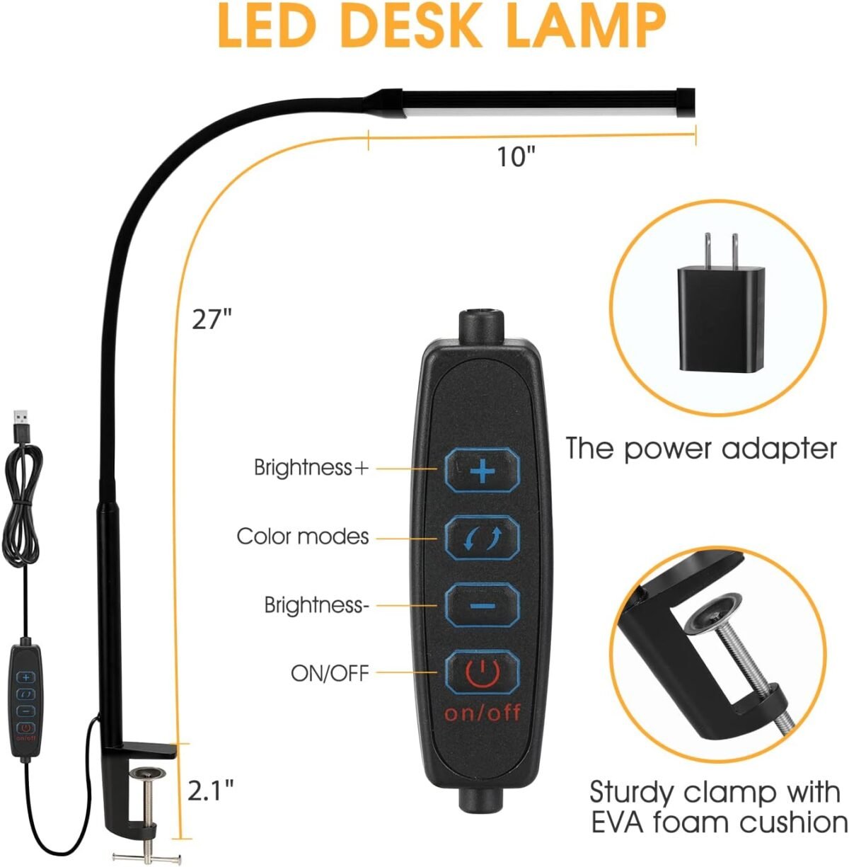 1749633197 led desk lamp with clamp eye caring clip on lights for home office 3 modes 10 brightness long flexible gooseneck metal swing arm architect task table lamps with usb adapter black.jpg