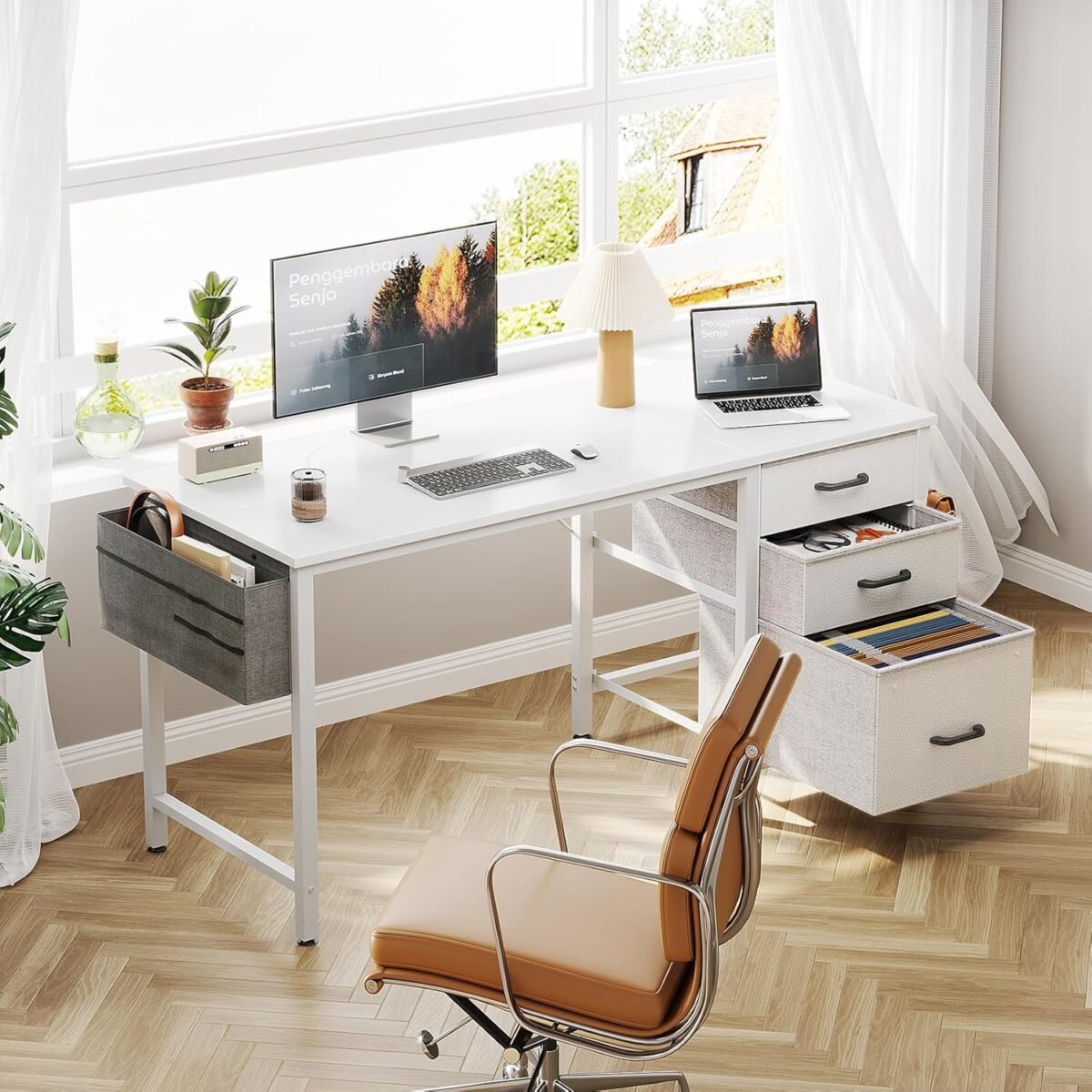 1749913523 casaottima 40 small computer home office desk for bedroom with fabric drawers file cabinet cloth storage bag and hook writing study work table for small space white.jpg