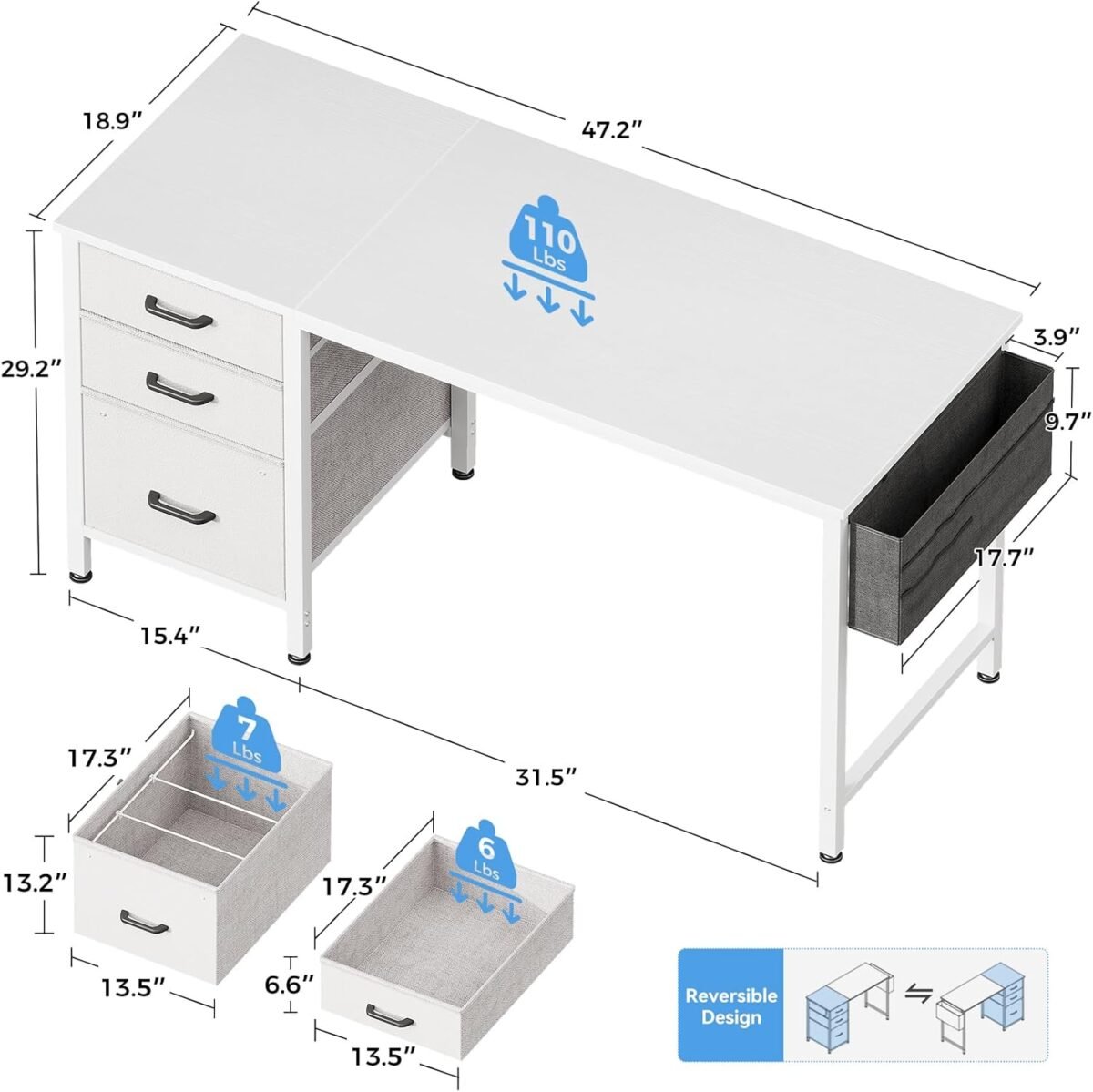 1749913524 casaottima 40 small computer home office desk for bedroom with fabric drawers file cabinet cloth storage bag and hook writing study work table for small space white.jpg