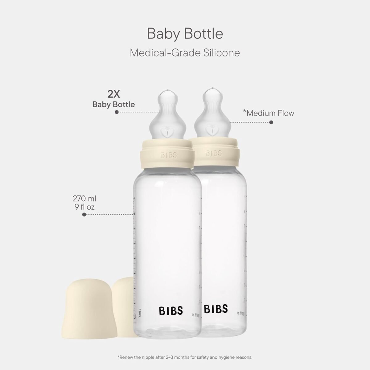 1749956227 bibs baby bottle 9 oz 270 ml silicone nipple 2 pack anti colic bpa free round nipple medium flow lightweight easy to clean suitable for newborns 0 years ivory.jpg