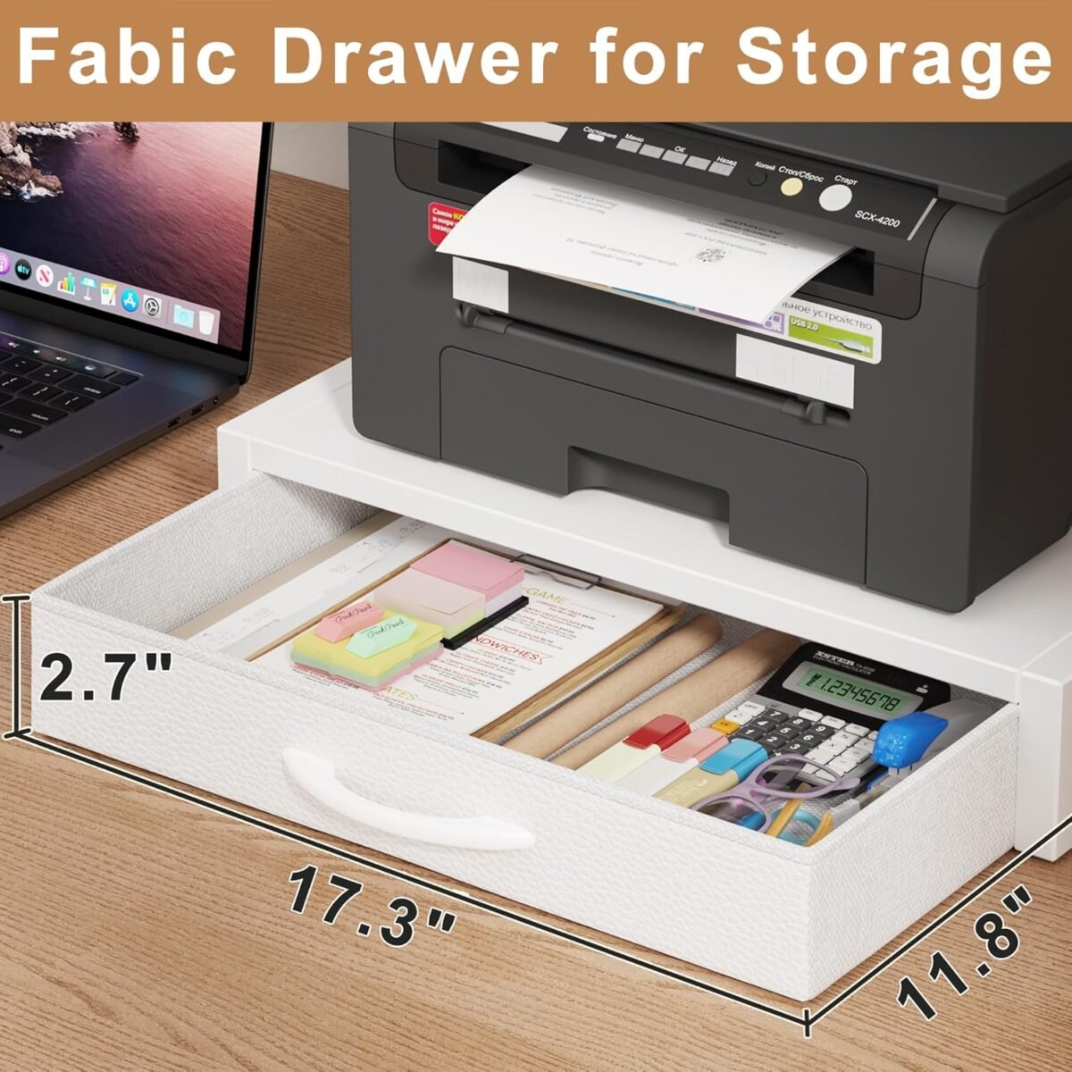1749960302 2 tier desktop printer stand with fabric drawer prtiner table with storage shelf desk organizer for home office3d printerfax machinescanner 19.6x14.9 white.jpg