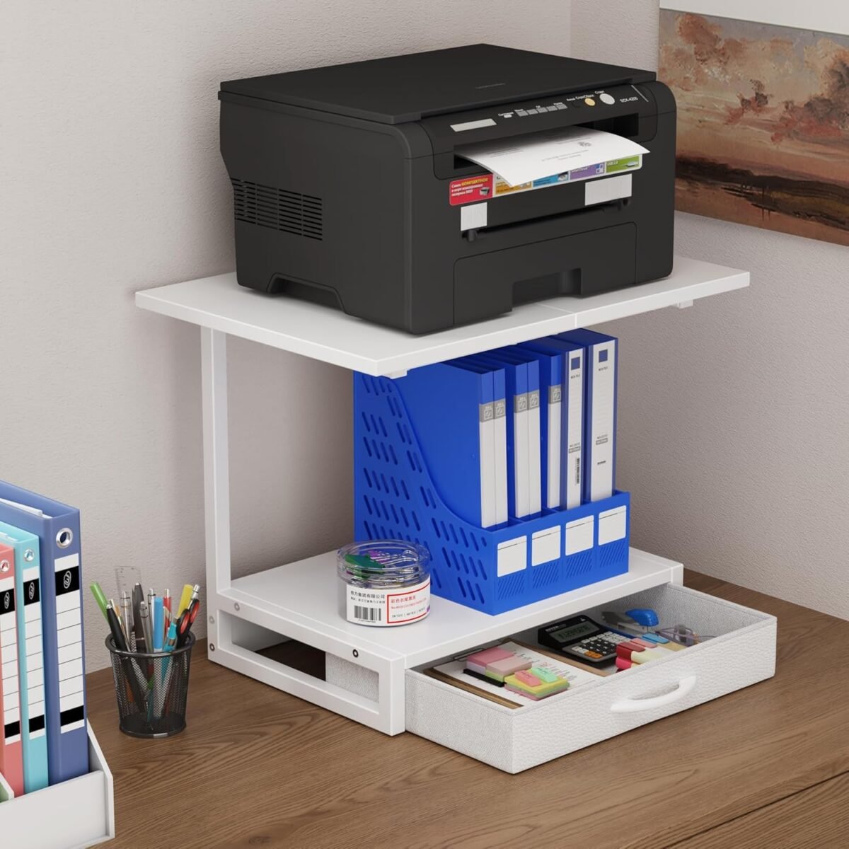 1749960303 2 tier desktop printer stand with fabric drawer prtiner table with storage shelf desk organizer for home office3d printerfax machinescanner 19.6x14.9 white.jpg