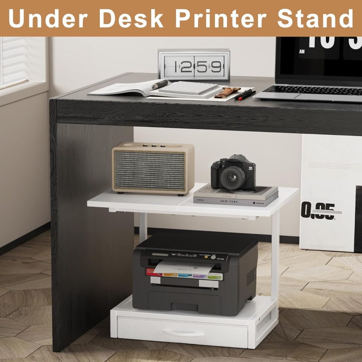 1749960306 2 tier desktop printer stand with fabric drawer prtiner table with storage shelf desk organizer for home office3d printerfax machinescanner 19.6x14.9 white.jpg