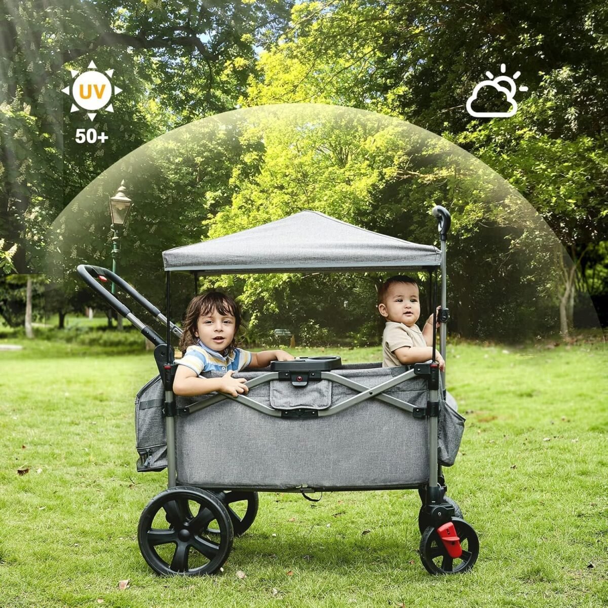 1750052083 ever advanced foldable wagons for two kids cargo collapsible folding stroller with adjustable handle barremovable canopy with 5 point harness gray.jpg