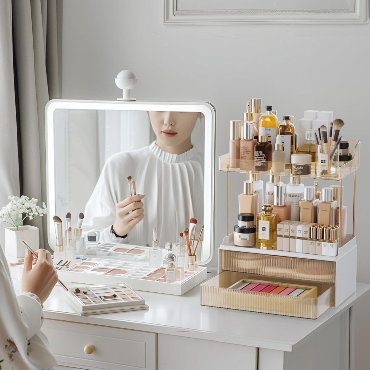 1750091893 delamu bathroom organizers and storage 2 tier 2 drawer makeup organizer countertop easy to install ideal for bathroom storage vanity large skincare perfume present and more amber.jpg