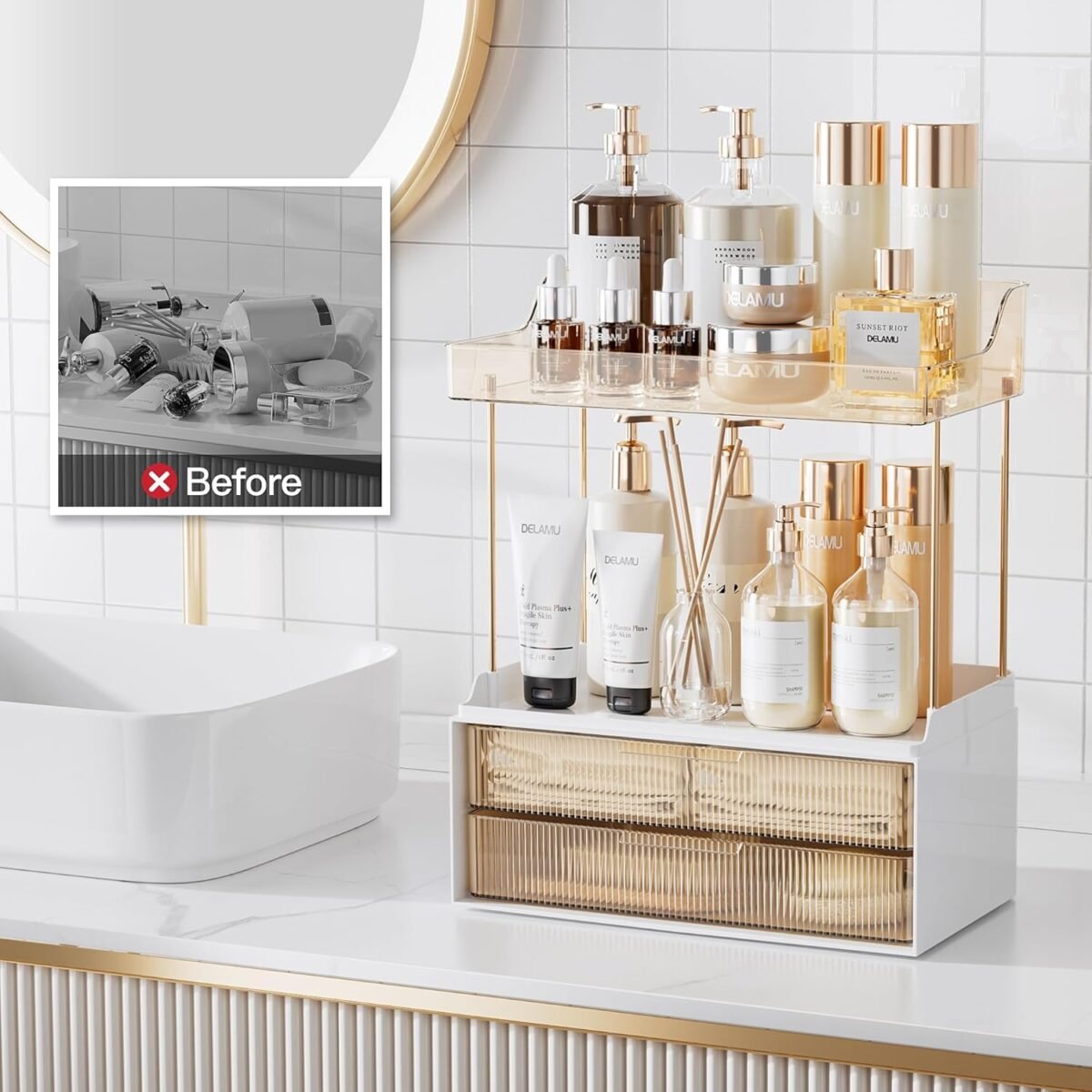 1750091898 delamu bathroom organizers and storage 2 tier 2 drawer makeup organizer countertop easy to install ideal for bathroom storage vanity large skincare perfume present and more amber.jpg