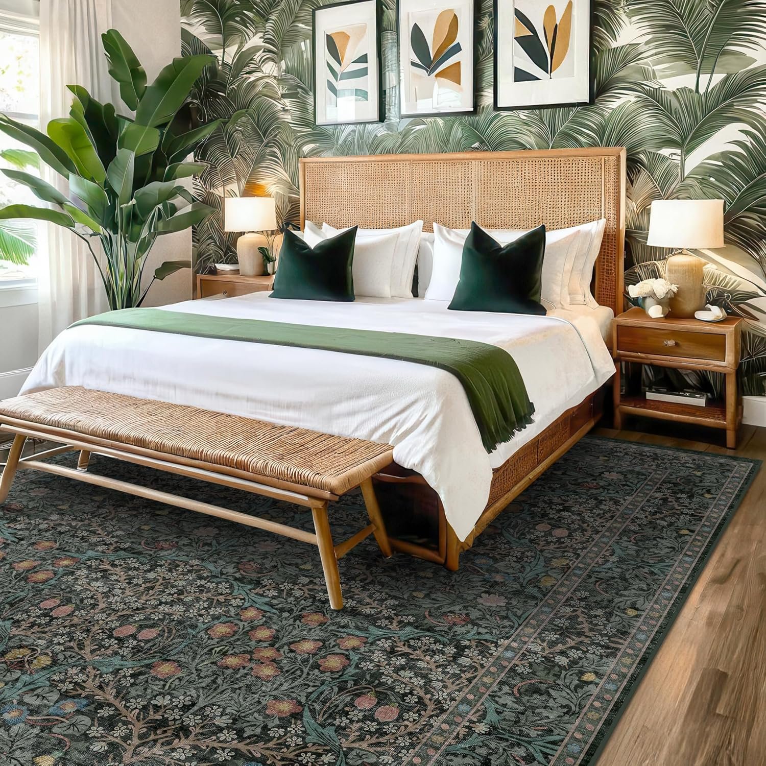 1750153279 dark green floral living room rug 5x7 area rug vintage forest washable mat for dining room bedroom low pile non slip stain resistance distressed retro indoor boho carpet 5x7 dark green.jpg