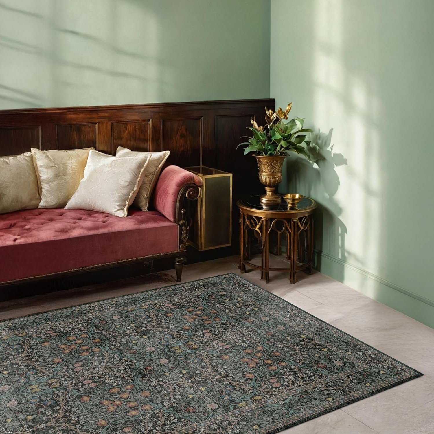 1750153280 dark green floral living room rug 5x7 area rug vintage forest washable mat for dining room bedroom low pile non slip stain resistance distressed retro indoor boho carpet 5x7 dark green.jpg