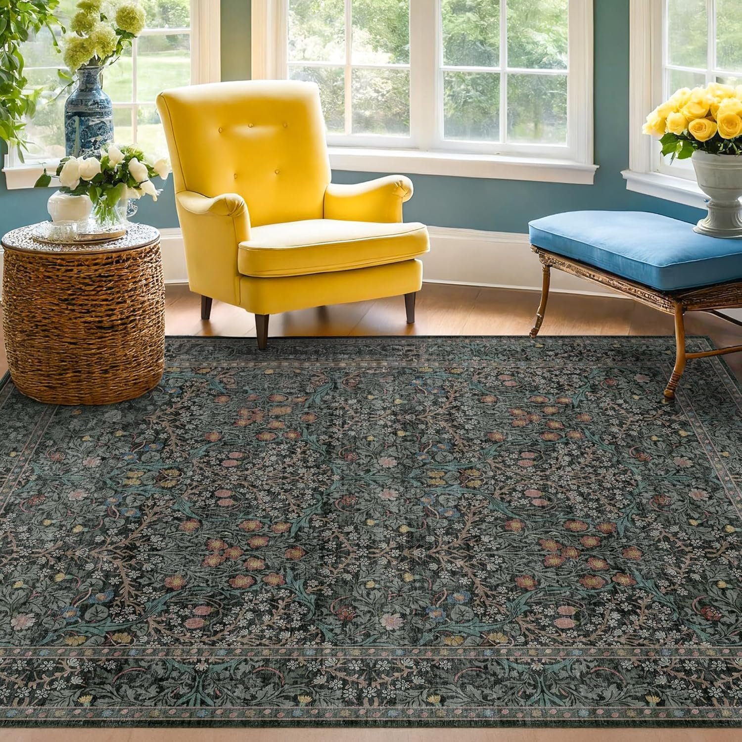 1750153288 dark green floral living room rug 5x7 area rug vintage forest washable mat for dining room bedroom low pile non slip stain resistance distressed retro indoor boho carpet 5x7 dark green.jpg