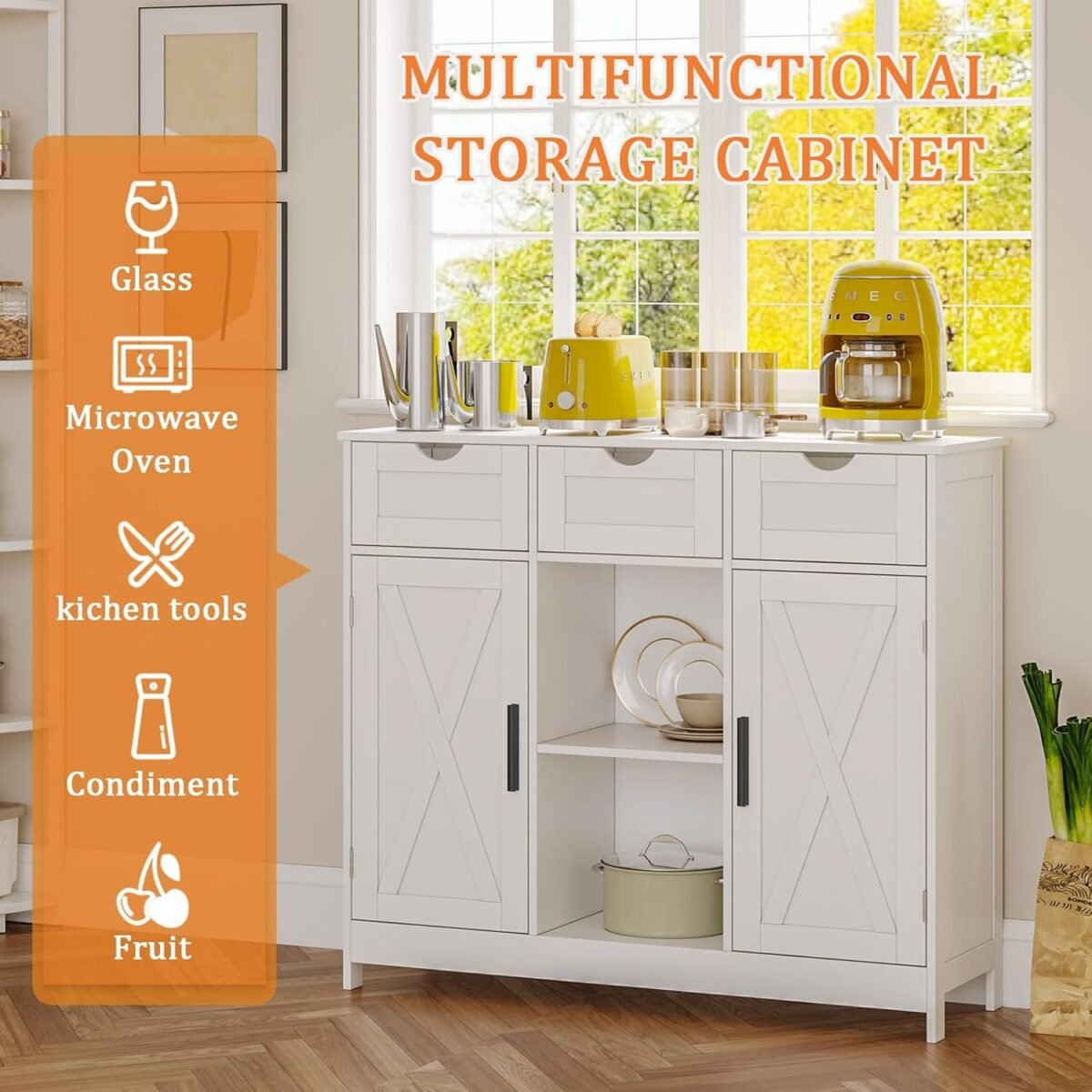 1750187742 storage cabinet coffee bar cabinet with 2 adjustable shelves 3 drawers and 2 doors for bathroom kitchen living room white.jpg