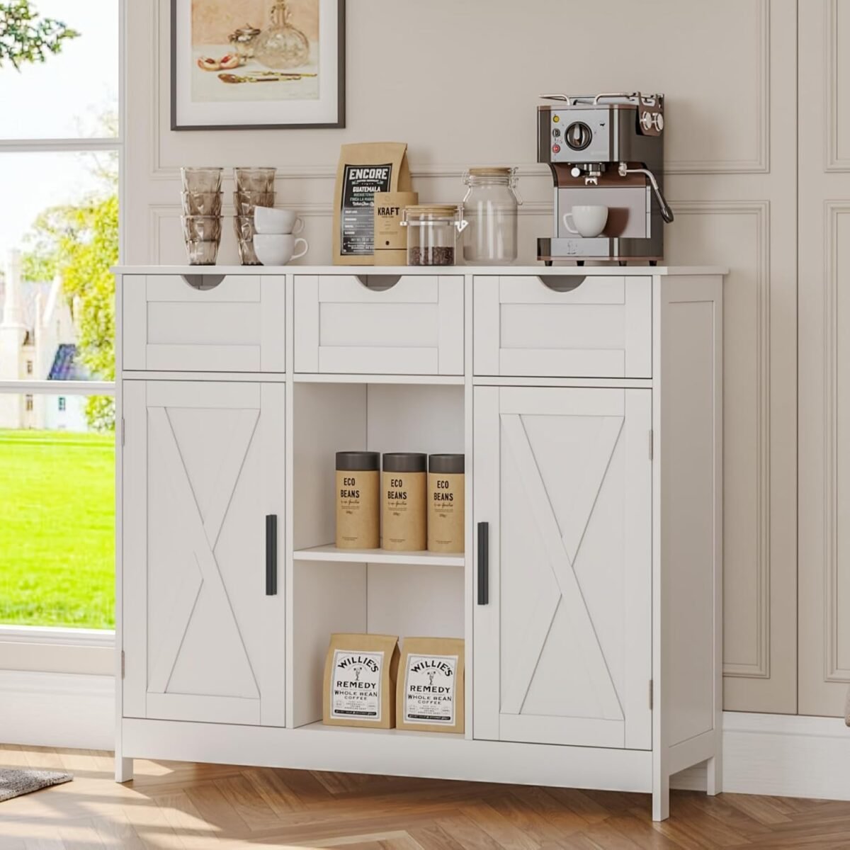1750187746 storage cabinet coffee bar cabinet with 2 adjustable shelves 3 drawers and 2 doors for bathroom kitchen living room white.jpg