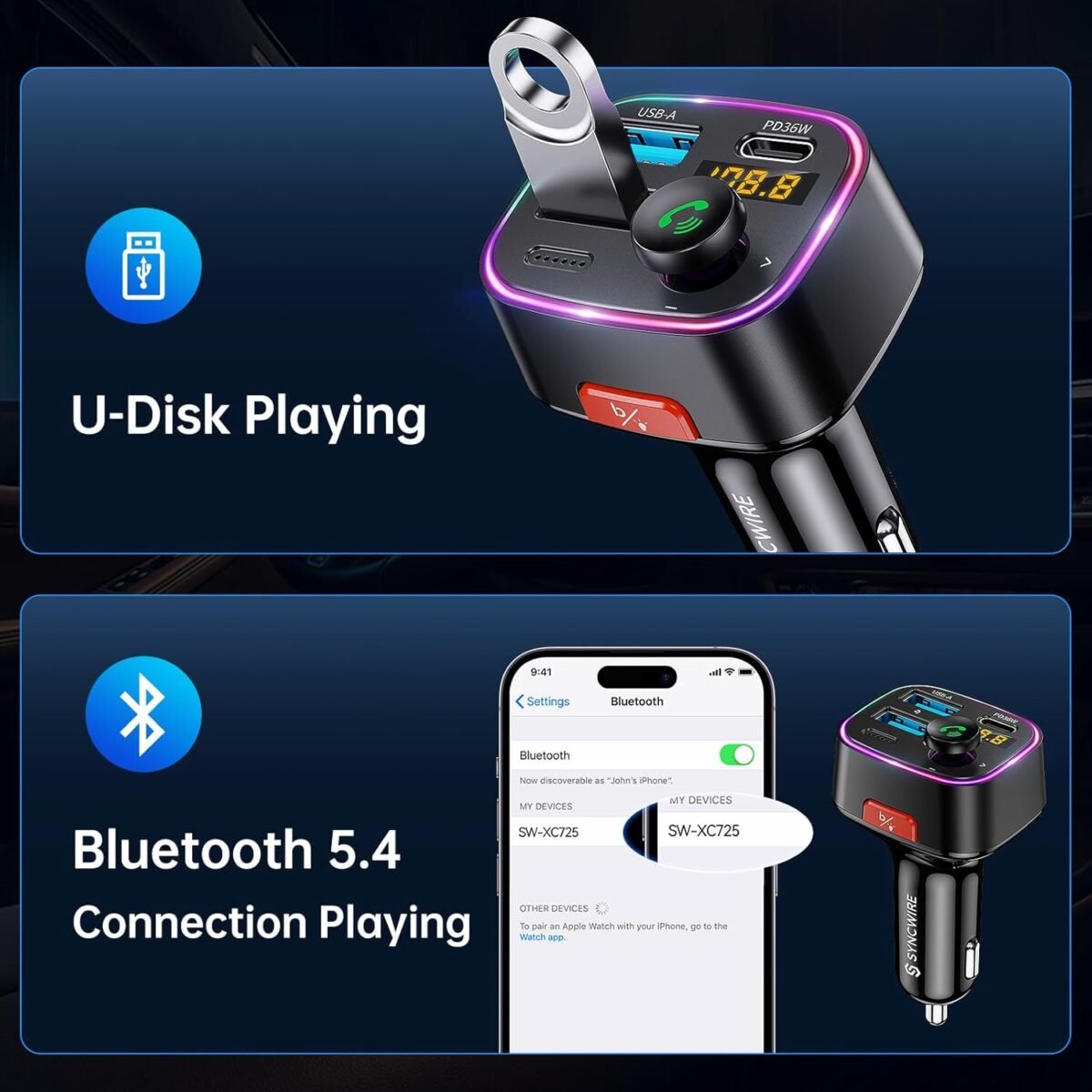 1750236787 syncwire bluetooth 5.4 fm transmitter car adapter 48w pd 36w 12w light switch hifi bass sound fast charging wireless radio music adapter led display hands free calling support usb drive.jpg
