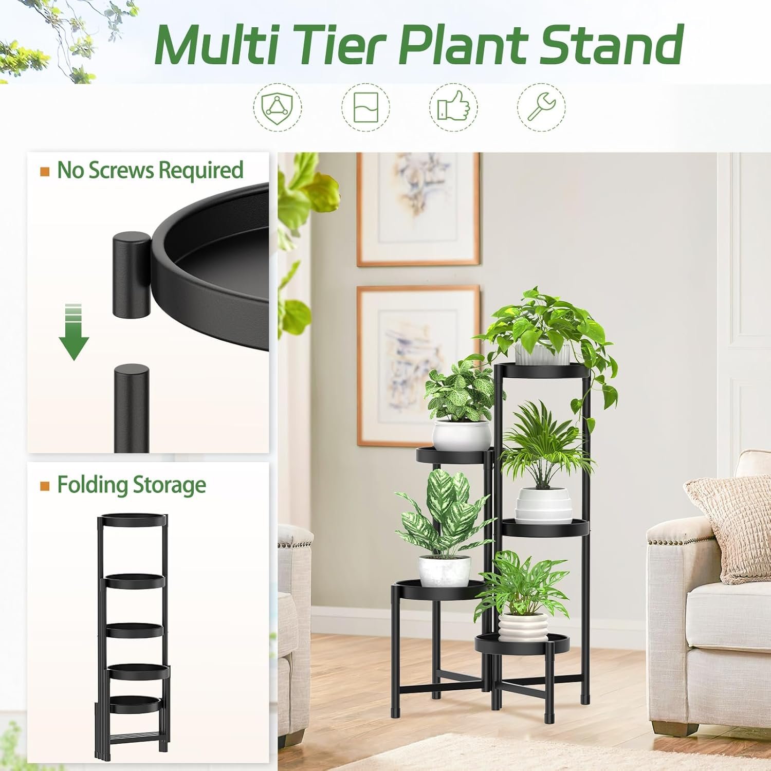 1750274081 idavosic.ly 5 tier metal plant stand for indoor outdoor foldable corner tall plant shelf for multiple plants flower pot holder display stand for living room balcony garden patio black.jpg