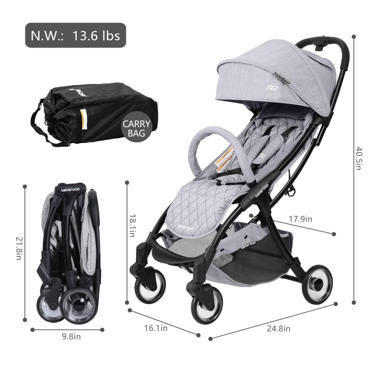 1750276088 beberoad love r2 small travel stroller compact strollers foldable lightweight baby stroller for airplane infant with adjustable backrest cup holder and waterproof canopy gray.jpg