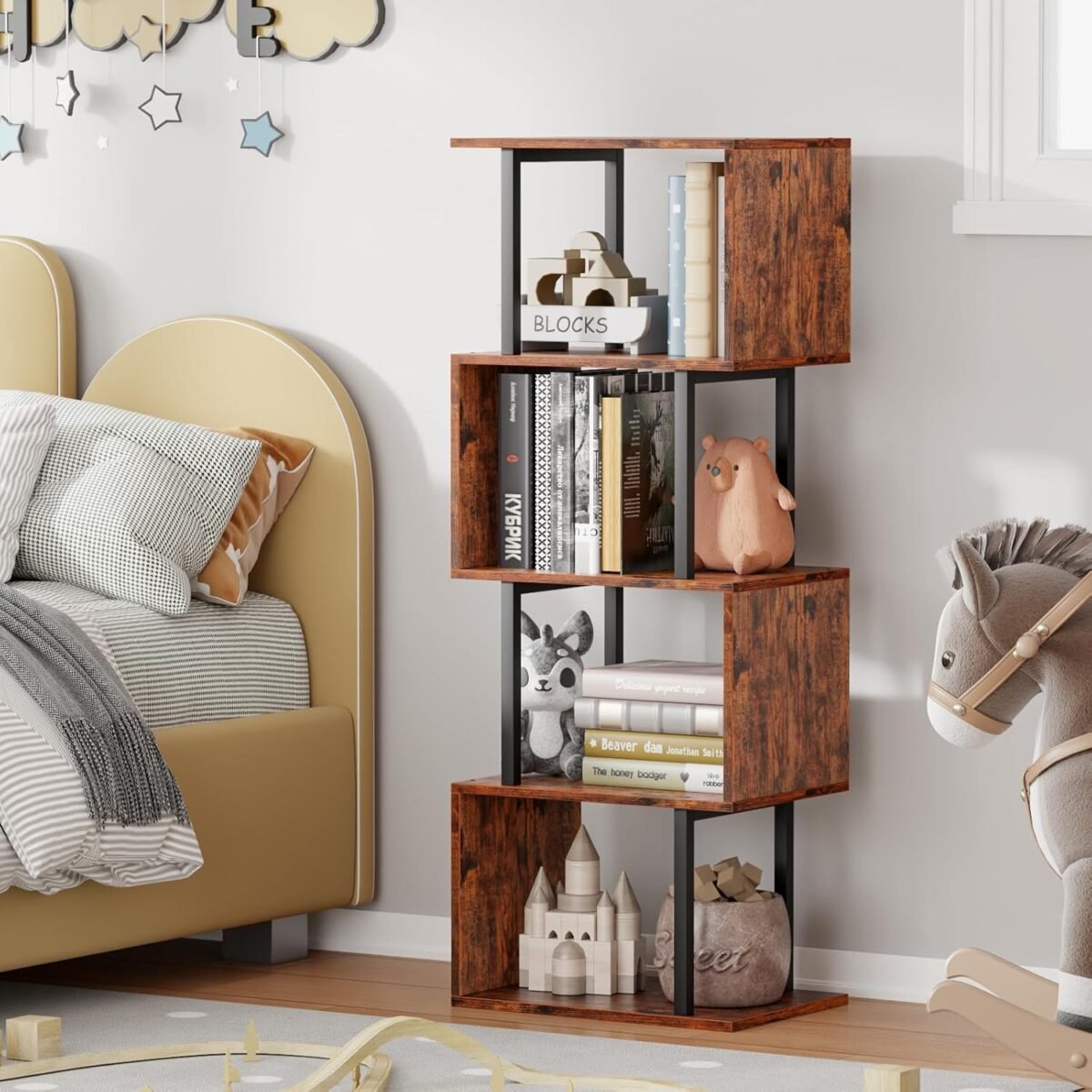 1750305529 furologee 5 tier bookshelf s shaped geometric bookcase narrow freestanding display shelves modern wood decorative storage shelving rack for bedroom living room home office rustic brown.jpg