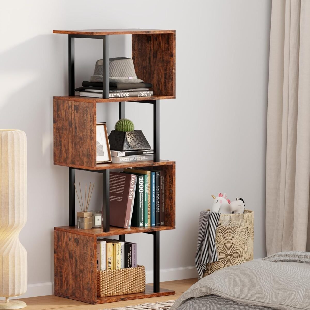 1750305532 furologee 5 tier bookshelf s shaped geometric bookcase narrow freestanding display shelves modern wood decorative storage shelving rack for bedroom living room home office rustic brown.jpg