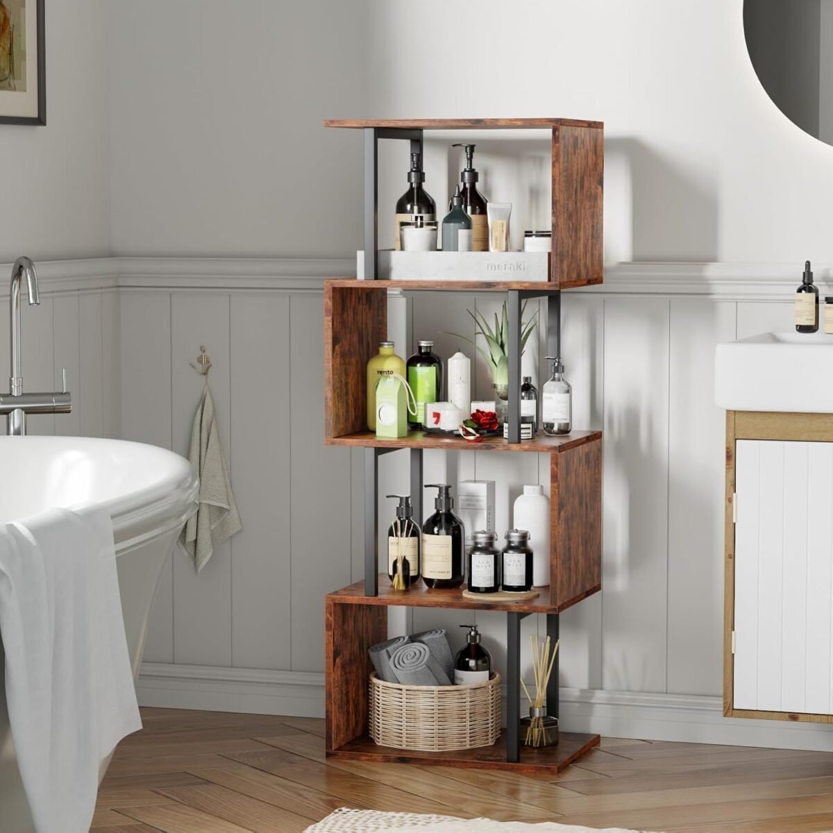 1750305535 furologee 5 tier bookshelf s shaped geometric bookcase narrow freestanding display shelves modern wood decorative storage shelving rack for bedroom living room home office rustic brown.jpg