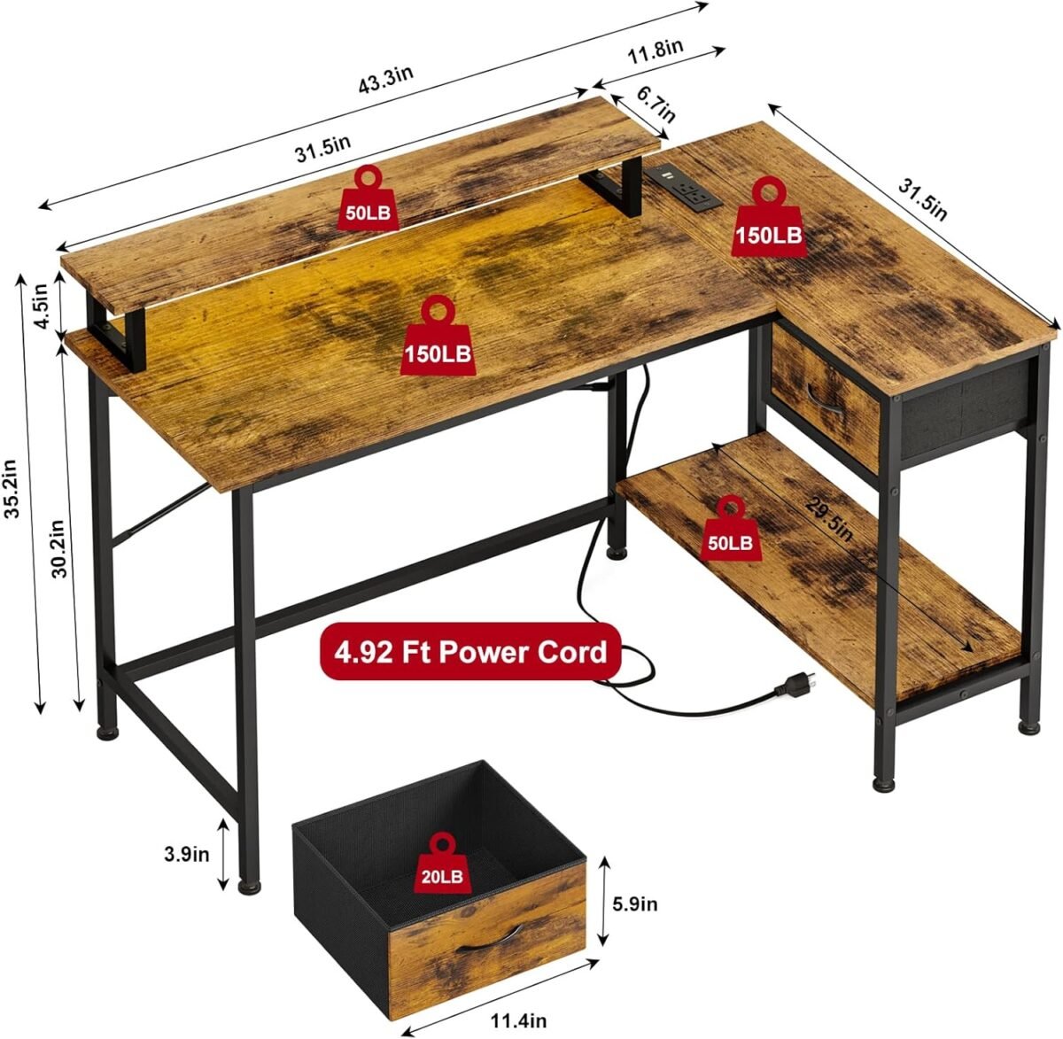 1750305835 fixwal l shaped desk with power outlets and led lights gaming computer desk 43 inch small corner desk home office desks with drawer writing desk study desk rustic brow.jpg