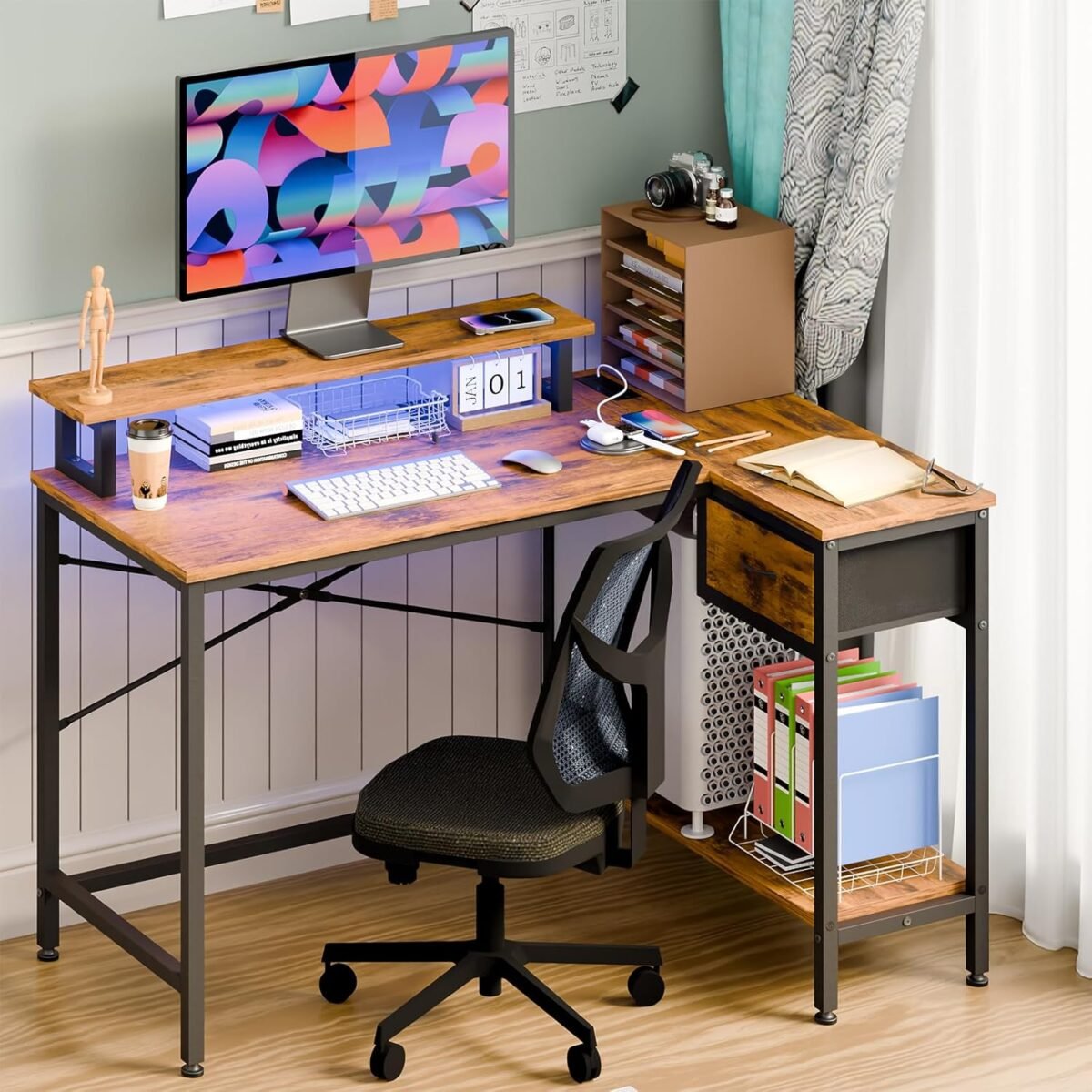 1750305836 fixwal l shaped desk with power outlets and led lights gaming computer desk 43 inch small corner desk home office desks with drawer writing desk study desk rustic brow.jpg
