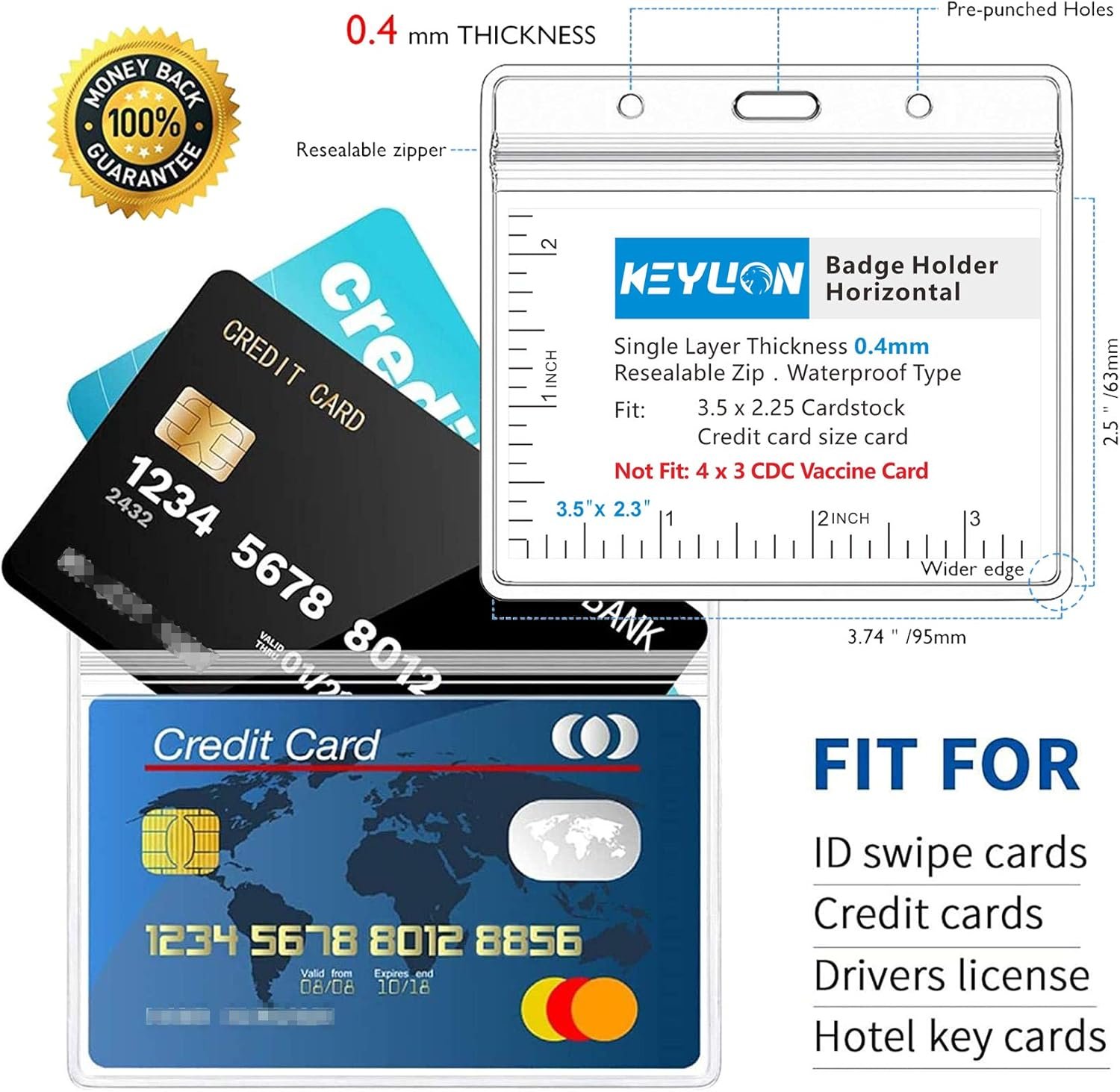 1750310378 10 pack horizontal name tag id card holders heavy duty clear plastic sleeve cover w waterproof resealable zip fit 5 pcs credit card size cards or 3.5 x 2.5 name badge inserts.jpg