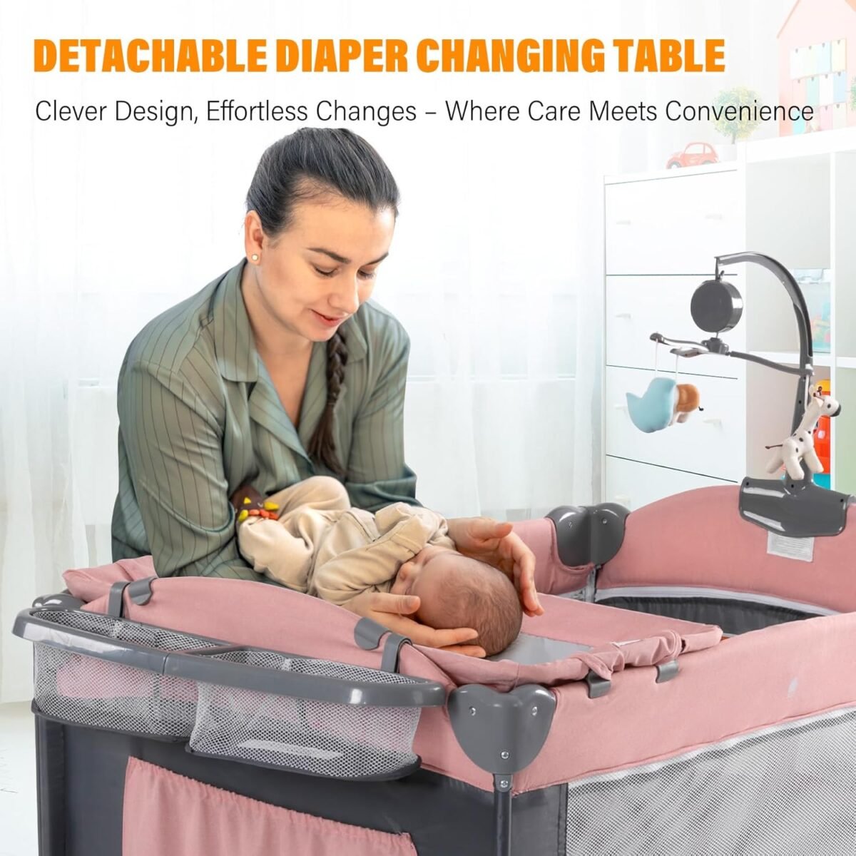 1750387890 5 in 1 baby cribbaby bassinet bedside cribs pack and play with changing table portable travel bedtoys music boxmattress for girl boy infant newborn pink.jpg