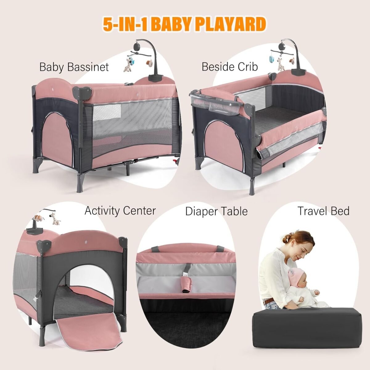 1750387893 5 in 1 baby cribbaby bassinet bedside cribs pack and play with changing table portable travel bedtoys music boxmattress for girl boy infant newborn pink.jpg