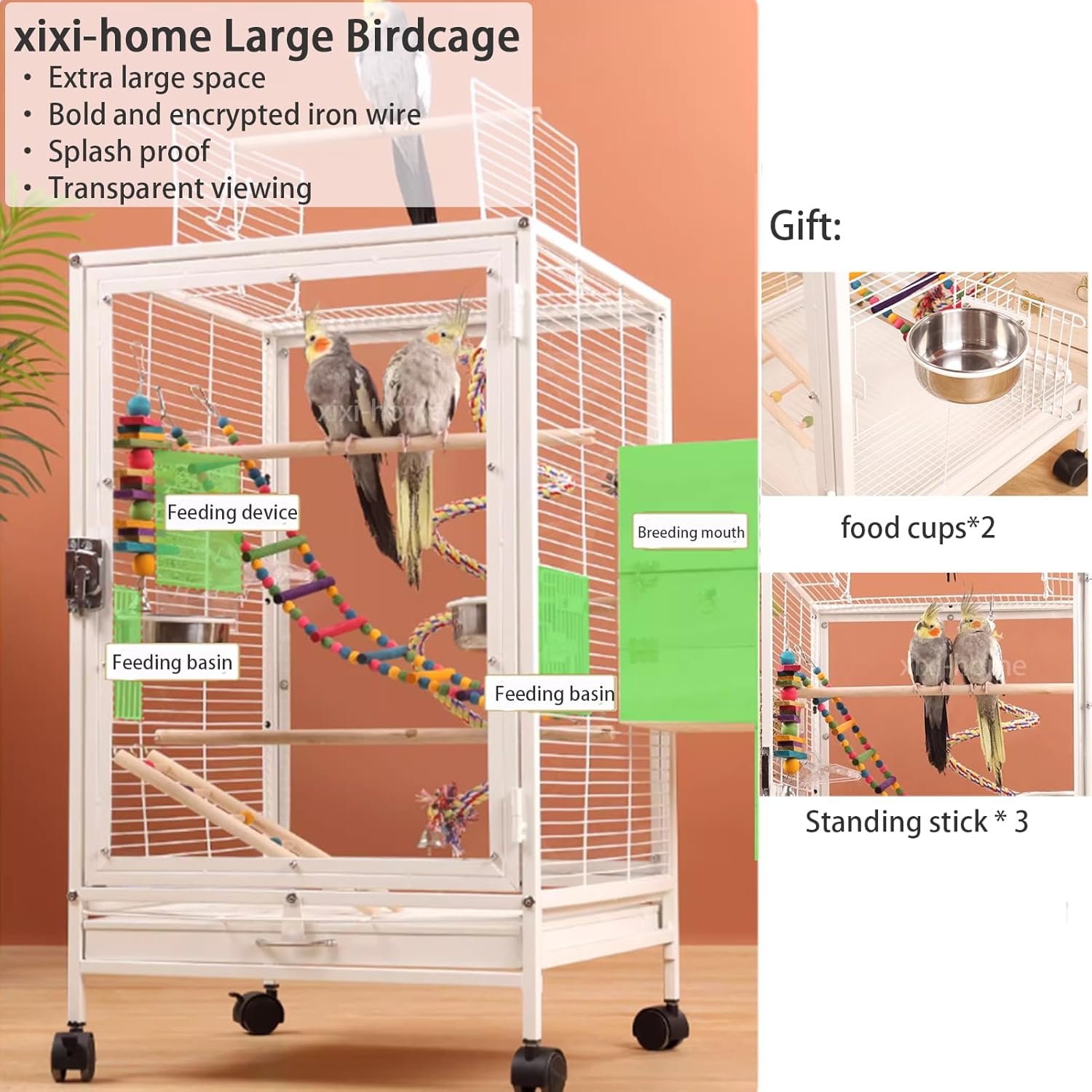 1750418552 xixi home portable clear parrot cagebird travel cage ornamental cage with food boxstanding pole and drinkerlarge bird cage flying birdcage for outdoors type c white.jpg