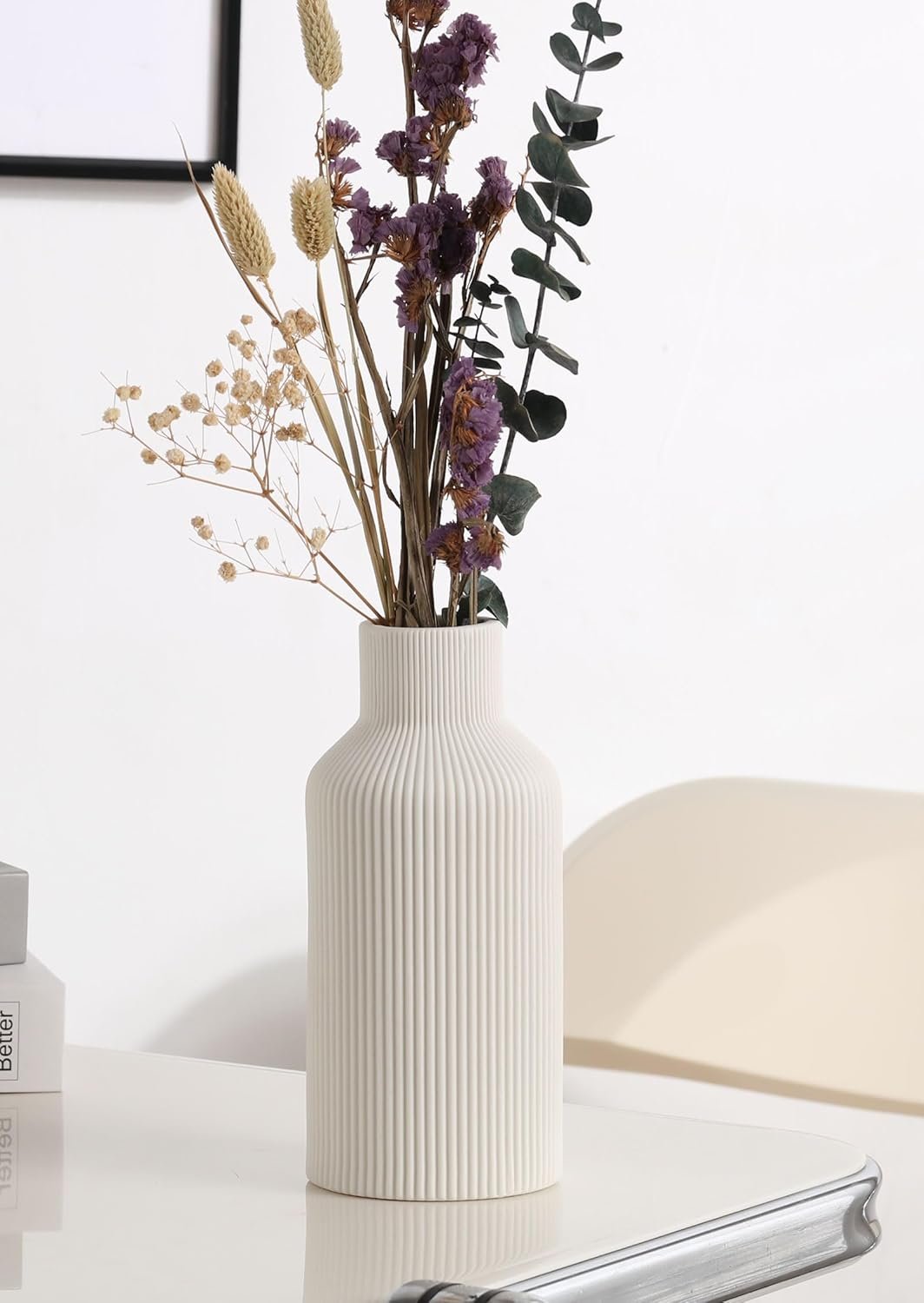 1750551987 white ceramic flower vaseminimalist modern home decorationsmall pampas grass vases for decortableshelf bookshelf decorativemantelentryway decor and centerpieces8 in.jpg