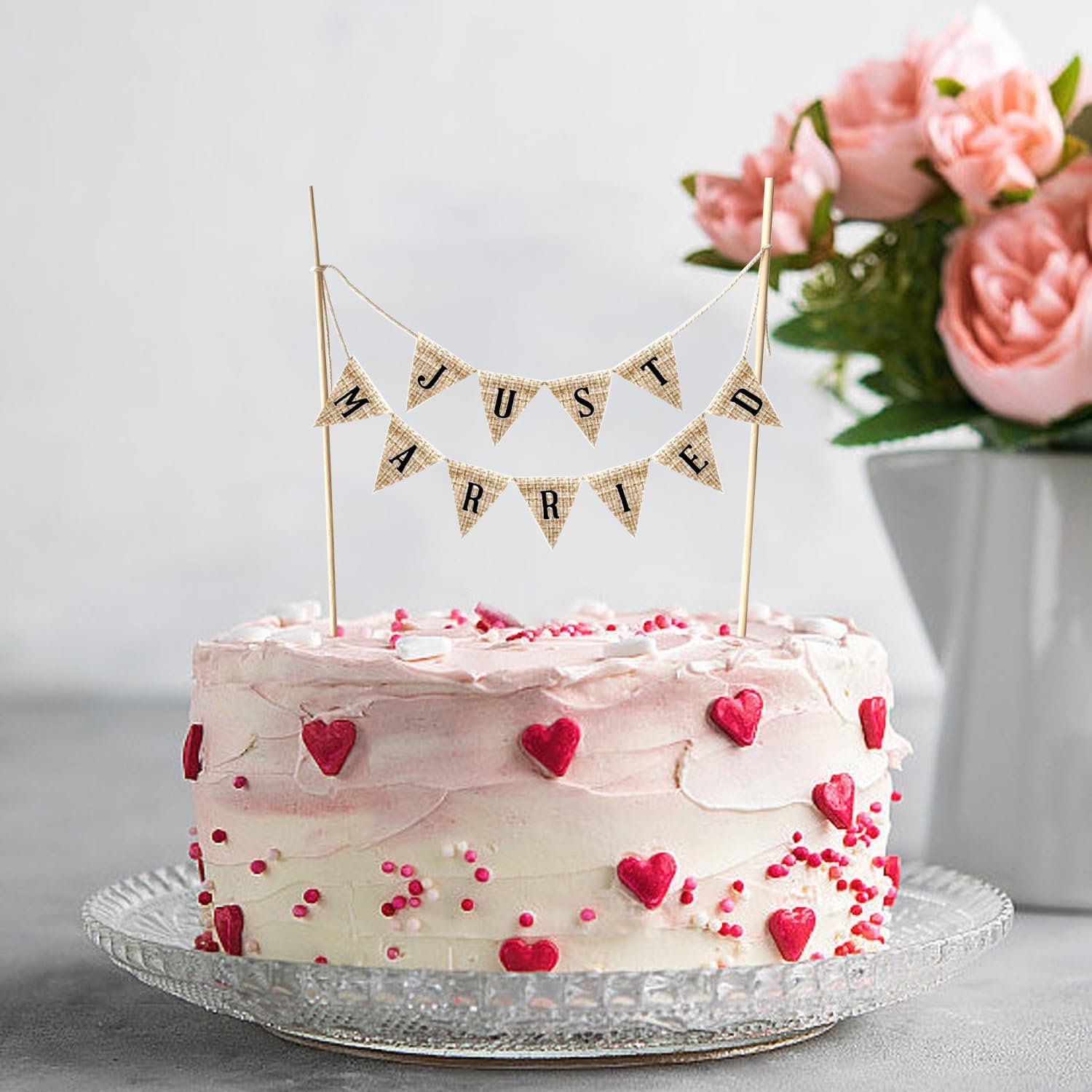 1750578086 vintage affair rustic just married cake toppers wedding engagement cake decorations cheese bunting handmade pennant flags with wood pole ivory photo booth props.jpg