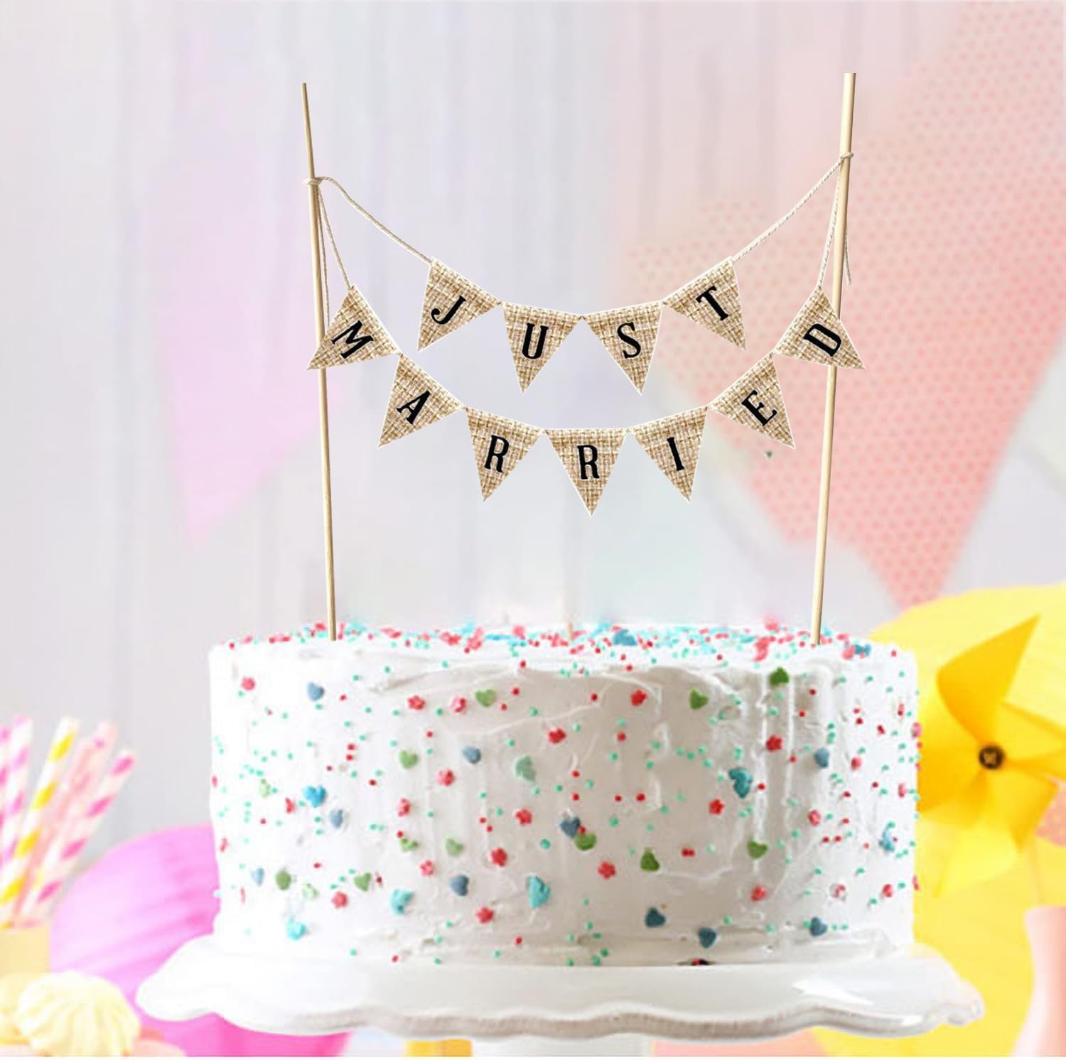 1750578088 vintage affair rustic just married cake toppers wedding engagement cake decorations cheese bunting handmade pennant flags with wood pole ivory photo booth props.jpg