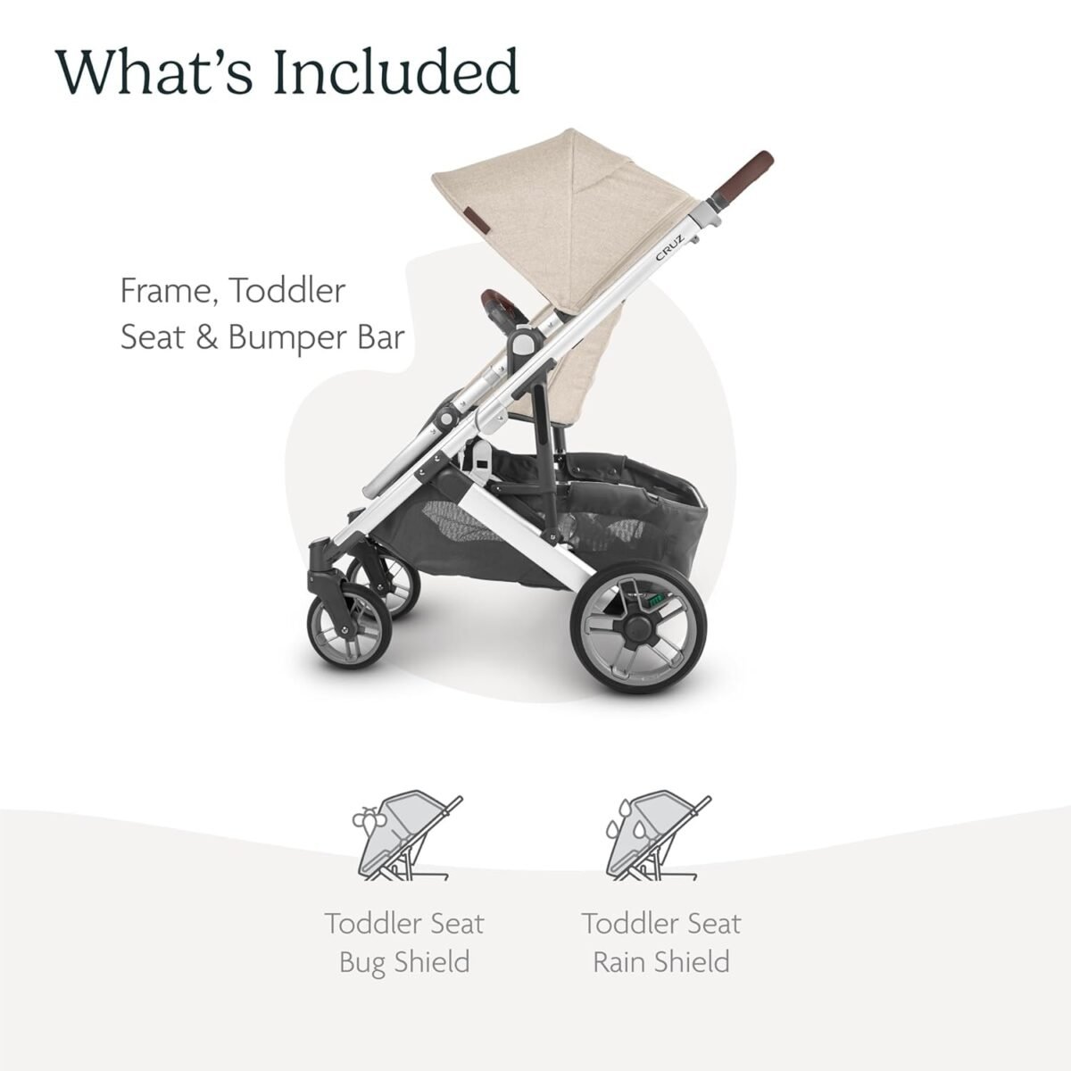 1750586298 uppababy cruz v2 strollerfull featured stroller with travel system capabilitiestoddler seat bumper bar bug shield rain shield includeddeclan oat melangesilver framechestnut leather.jpg