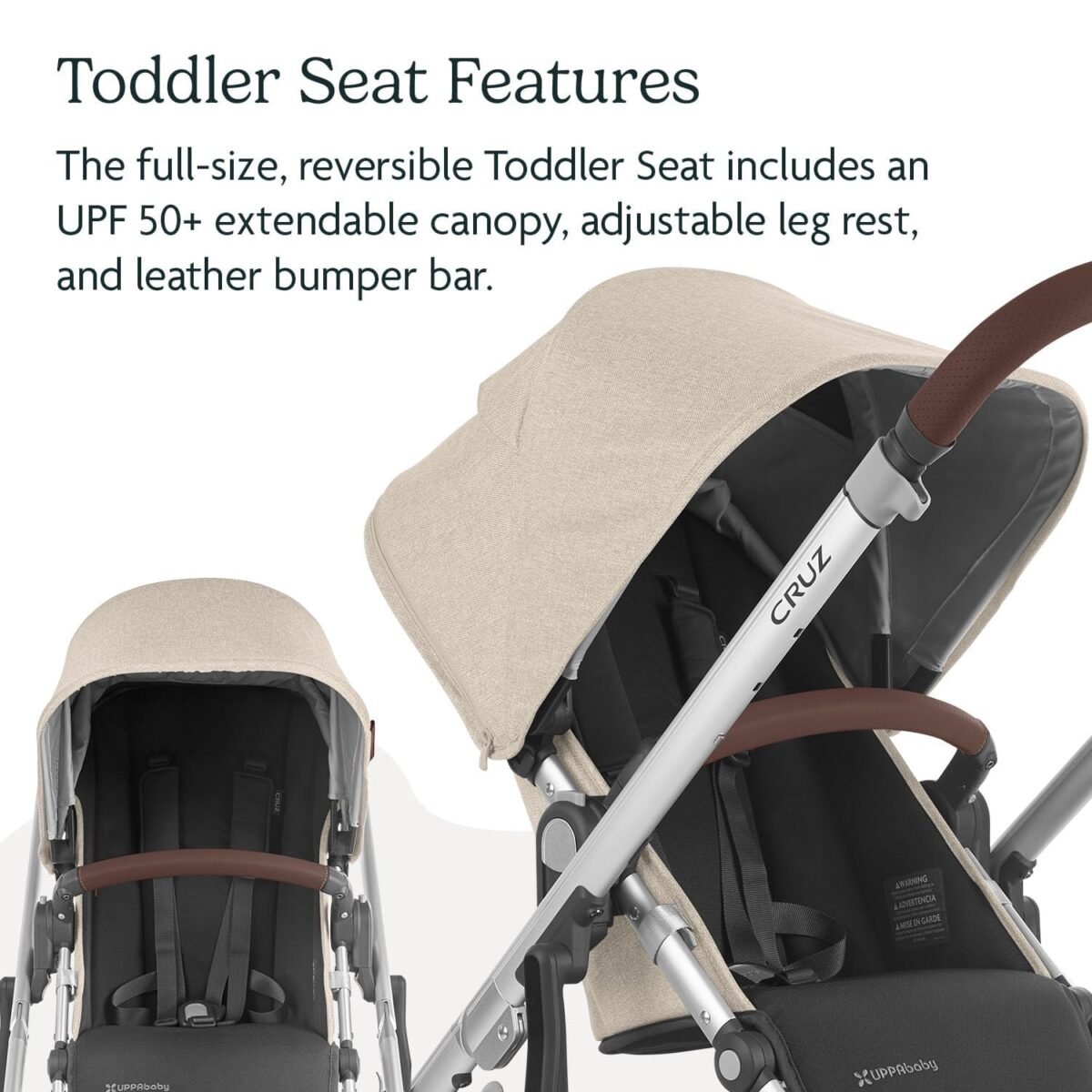 1750586301 uppababy cruz v2 strollerfull featured stroller with travel system capabilitiestoddler seat bumper bar bug shield rain shield includeddeclan oat melangesilver framechestnut leather.jpg