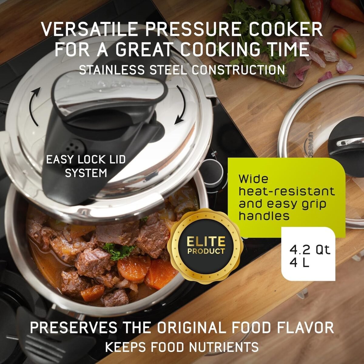 1750594317 universal 4.2 quart 4 liter small stainless steel easy use pressure cooker extra glass lid 5 servings induction compatible pressure cooker multipurpose pot.jpg