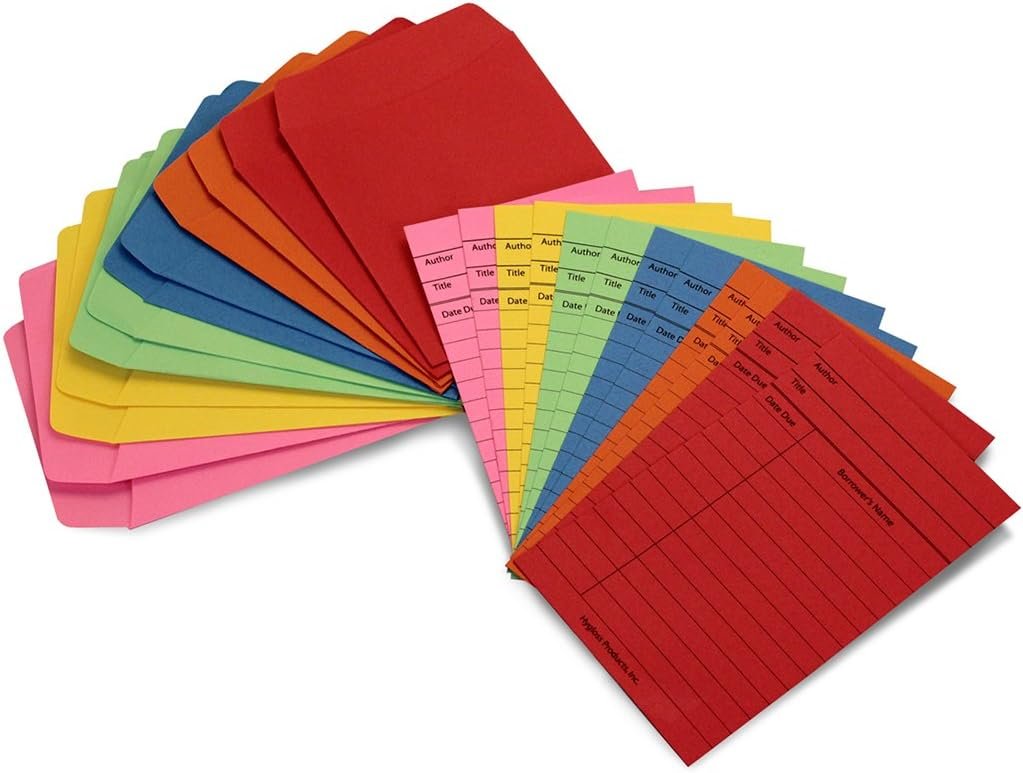 1750622575 hygloss products library checkout cards and library card pocket envelopes 3 x 5 inches colored 30 of each.jpg