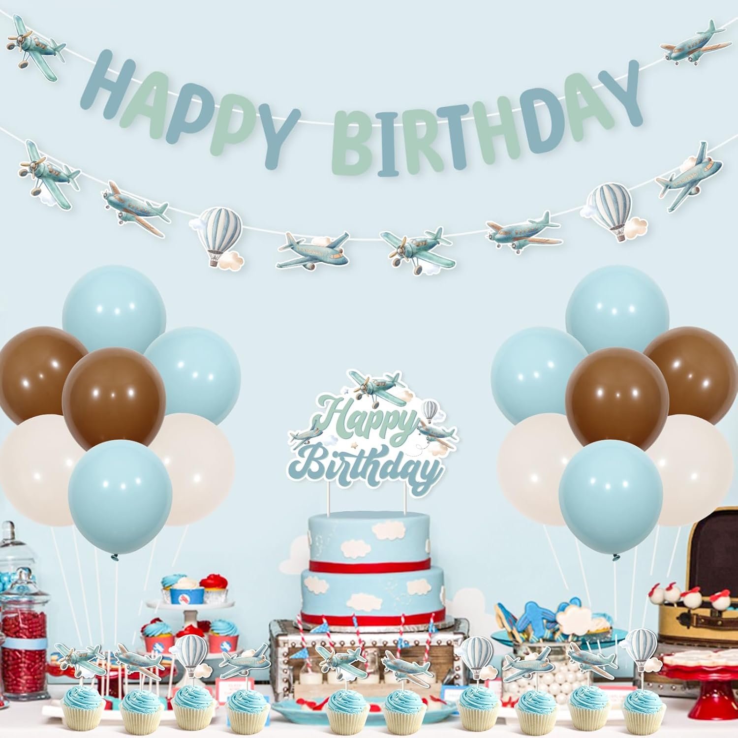 1750625424 kreatwow vintage airplane birthday party decorations airplane happy birthday banner garland cake topper cupcake toppers blue balloons for 1st 2nd 3rd bday.jpg