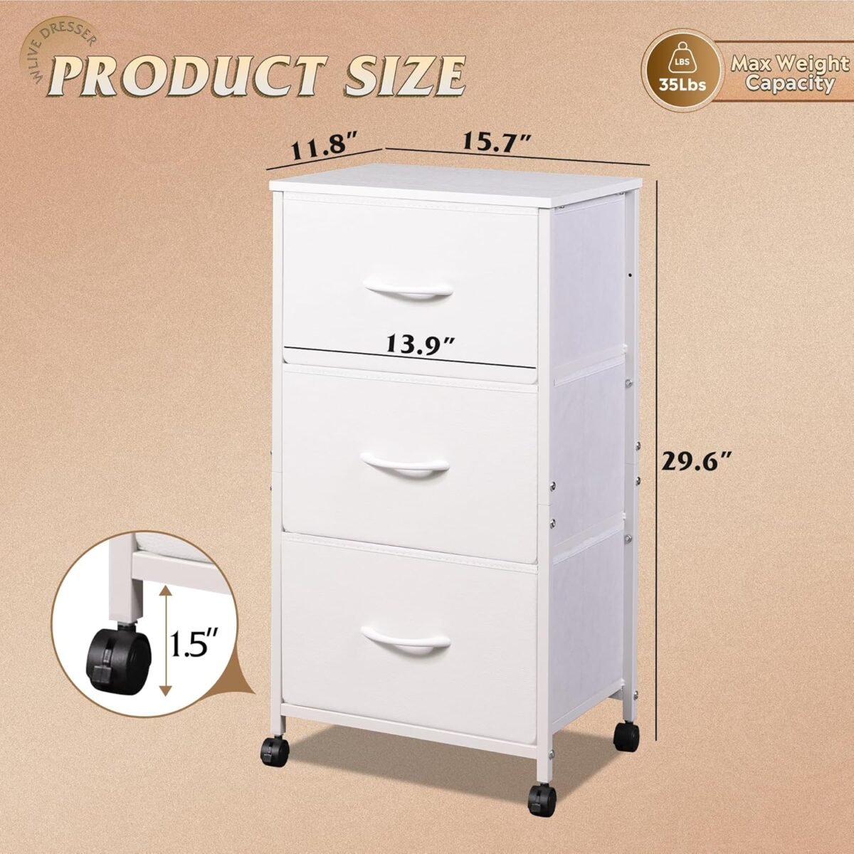1750707382 wlive dresser with 3 drawers fabric nightstand cabinet with wheels organizer storage dresser for bedroom office entryway closets sturdy steel frame wood top easy pull handle white.jpg